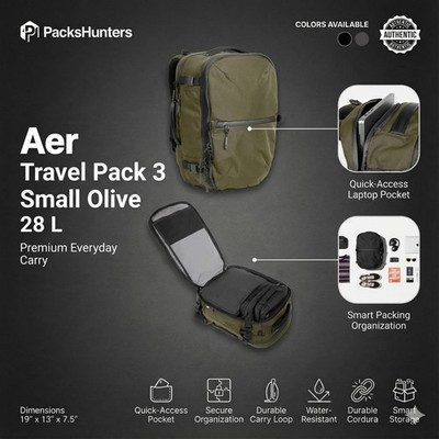 Aer Travel Pack 3 Small - Olive 28L Backpack Laptop Carry On Bag