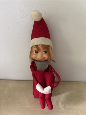 Vintage 9  Knee Hugger Elf Christmas Ornament Felt Pixie - Freckles & Green Eyes