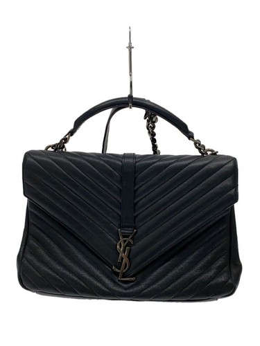 YVES SAINT LAURENT SHOULDER BAG LEATHER Black SOLID VSTITCH CHAIN Used
