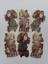 Christmas Santa Claus Paper/Cardboard Cutouts Ornaments 6 With Gold Cords