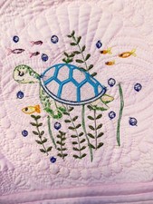 Pink Embroidered Baby Quilt, Sea Turtle, Embroidered Crib Quilt, Baby Blanket