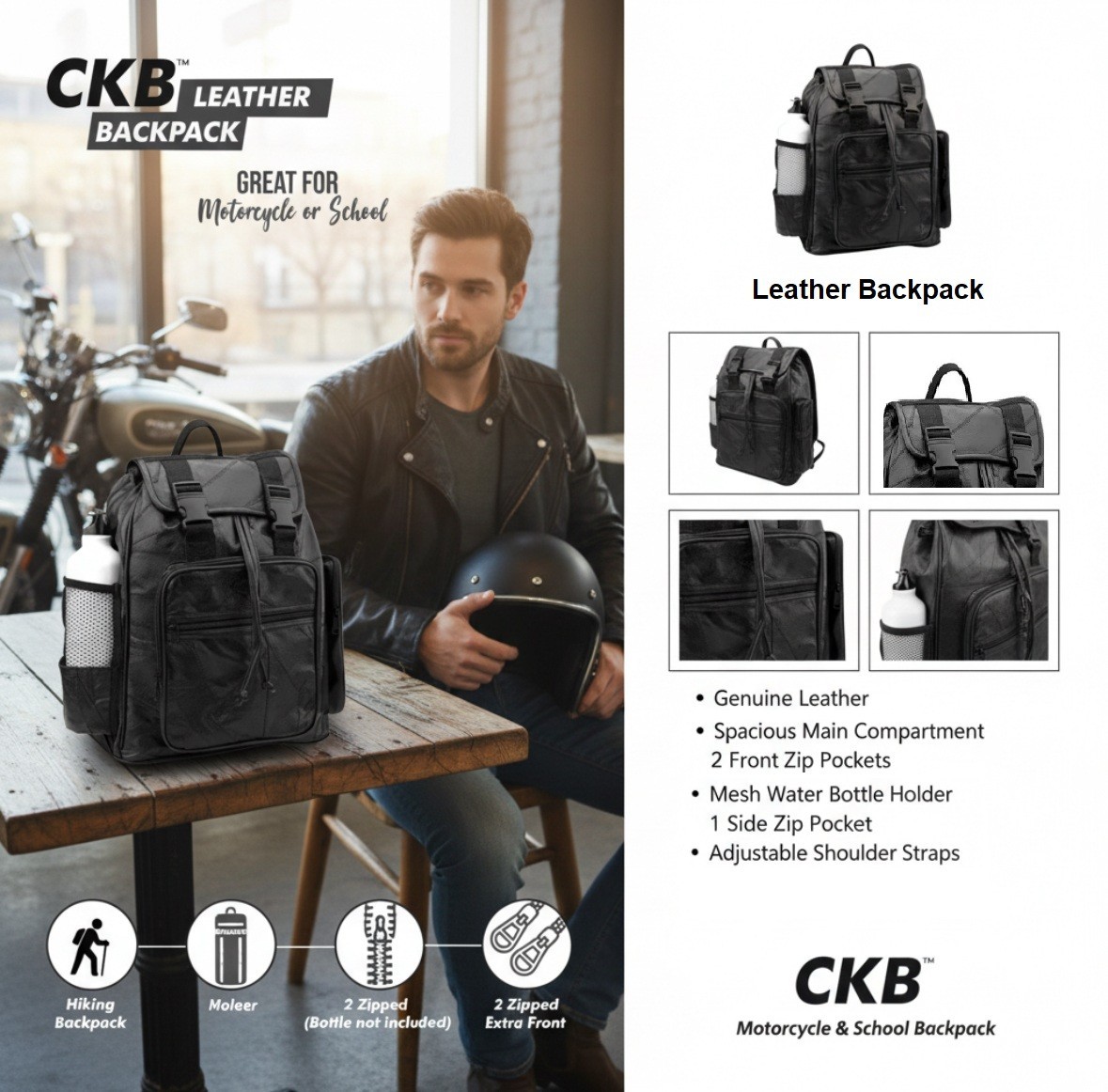 Black 100% Genuine Leather Backpack - Great For Motorcycle, School, Hiking