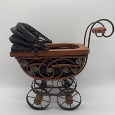 Victorian Style Vintage Miniature Doll Carriage Wood, Wicker Metal Pram 10in