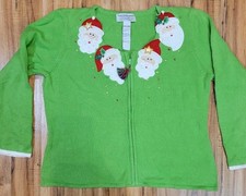 Green Santa Claus Christmas Zip Up Cardigan Tiara International Womans XL