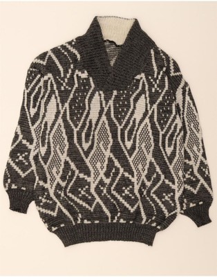 VINTAGE Herren Pullover Pulli mit abstraktem Muster Schalkragen Large grau DD65