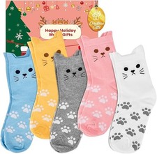 5 Pair Women's Girls Cute Cat Kitten Fun Socks - Cotton - Sealed Package - Gift