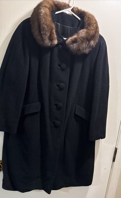 Vintage 50s 60s Womens Bettijean Black Boucle Wool Swing Coat With Mink Collar