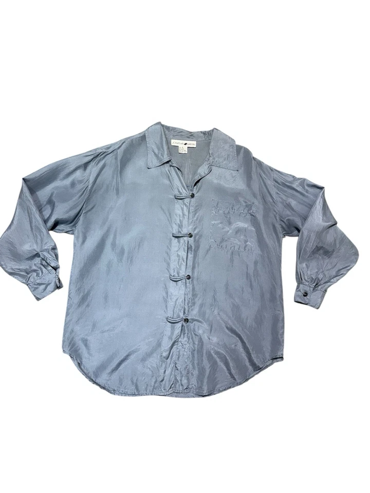 Винтажный Jonathan Martin дымчатый синий 100% шелк блузка петля кнопки длинным рукавом Sz M - Изображение 4 из 4