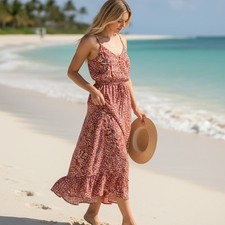 LOFT Outlet Red Floral Print Spaghetti Strap Midi Dress Resortwear Cruise Size 0
