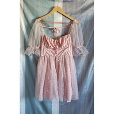 Pink Glitter Tulle Puff Sleeve Square Neck Dress Size L Fairy Festival Glinda