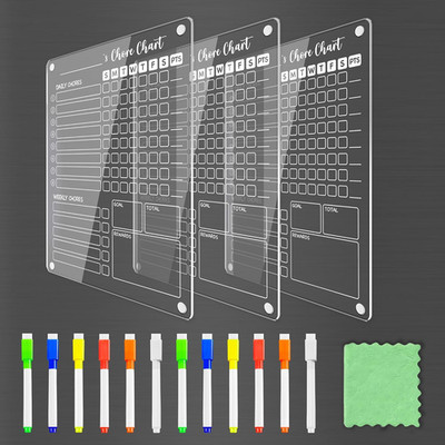 3 Pack Acrylic Magnetic Kids Chore Chart for Multiple Kids & Family on Fridge  