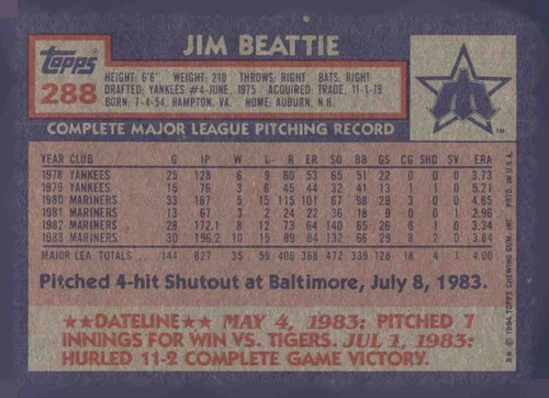 1984 Topps #288 Jim Beattie - Afbeelding 2 van 2