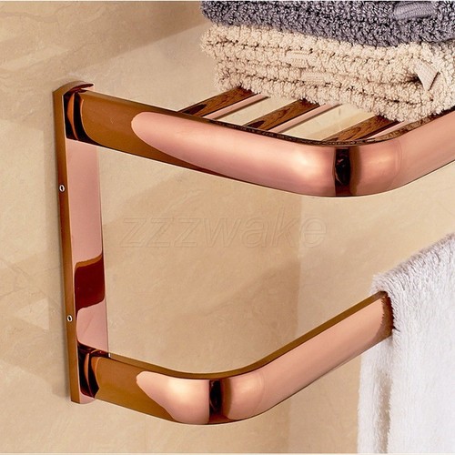 Rose Gold Brass Bathroom Square Wall Mounted Double Towel Rail Rack Towel Shelf - Picture 4 of 8