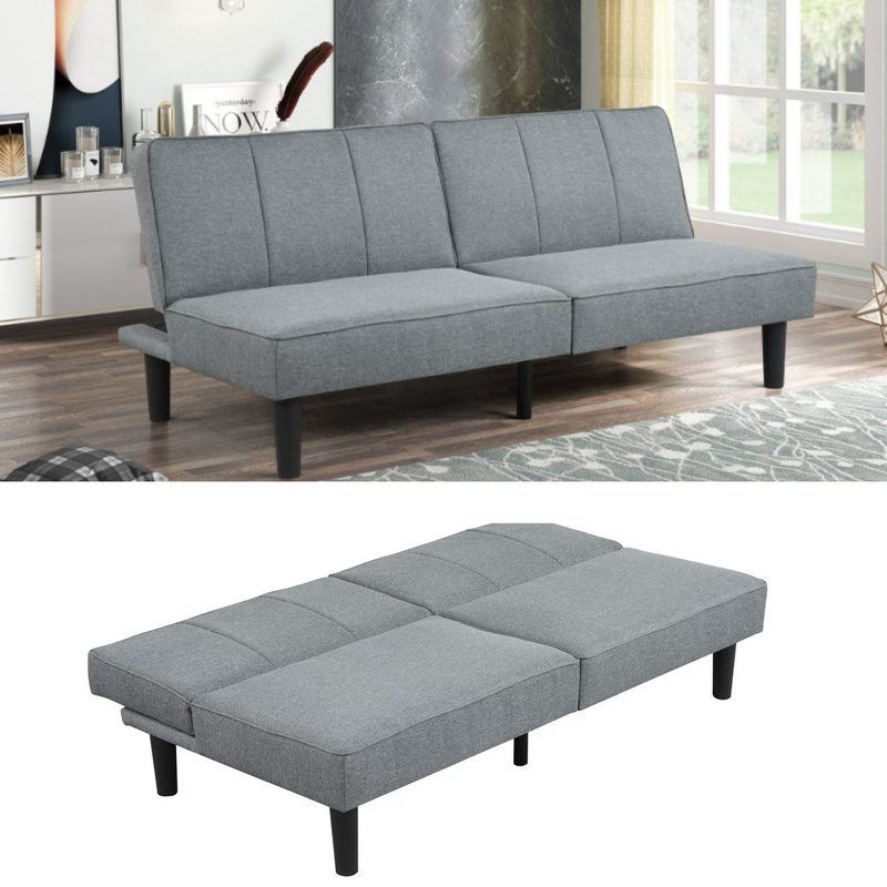 Convertible Studio Futon, Gray Linen Upholstery, Foldable Sofa Bed