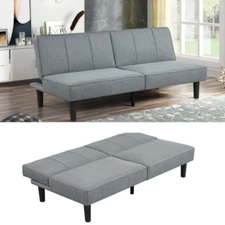 Convertible Studio Futon, Gray Linen Upholstery, Foldable Sofa Bed Lounger  NEW!