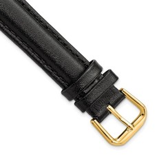 16mm 8.5" Black Long Smooth Leather Gold-tone Buckle Watch Band