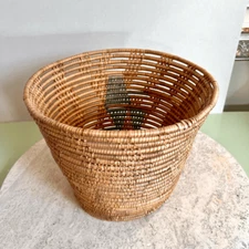 Vintage Handmade Native American Hand Woven Large Basket Tan with Print on Insid