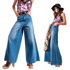 Women's Wide Leg Flared Palazzo Jeans In Medium Wash Blue New