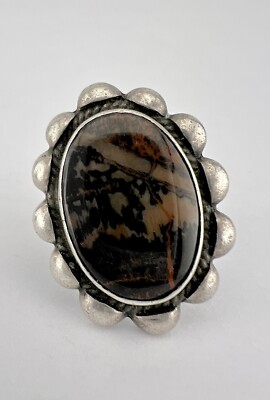Old Pawn 30s 40s Fred Harvey Navajo Petrified Wood Agate Sterling Silver Ring