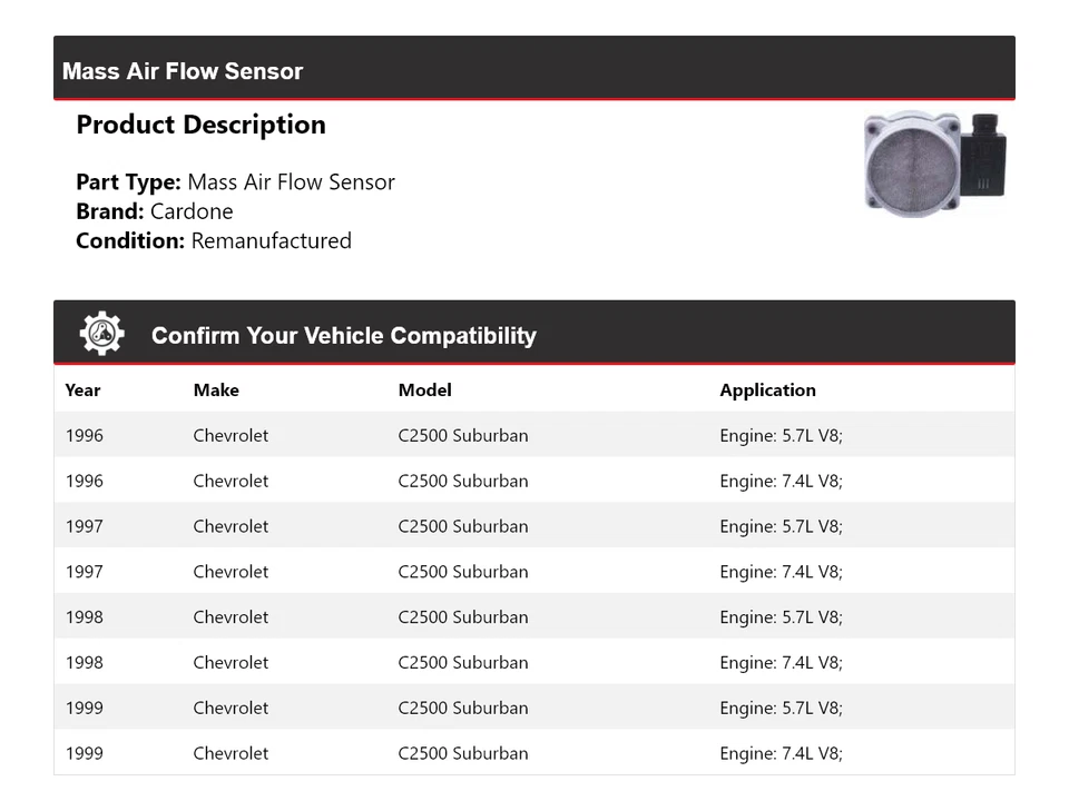 Sensor de flujo de aire másico Cardone 1997 1998 para Chevrolet C2500 Suburban 1996-1999 Foto 2 de 4