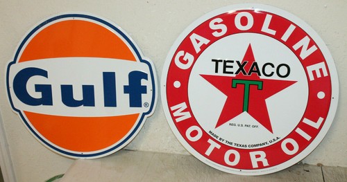 2 Large Vintage Style 24" Texaco & Gulf Gas Station Signs Man Cave Garage Decor - Foto 2 di 2
