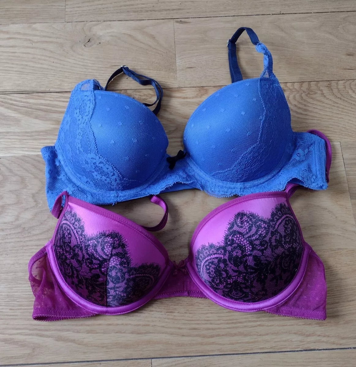 2pc American Eagle AERIE 34B Blue & Pink Padded Plunge Push Up UW Bras EUC