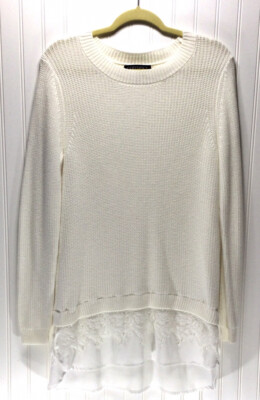 CONTEXT By LORD AND TAYLOR Womens Sz L White Knit Tunic Sweater Sheer Lace Trim