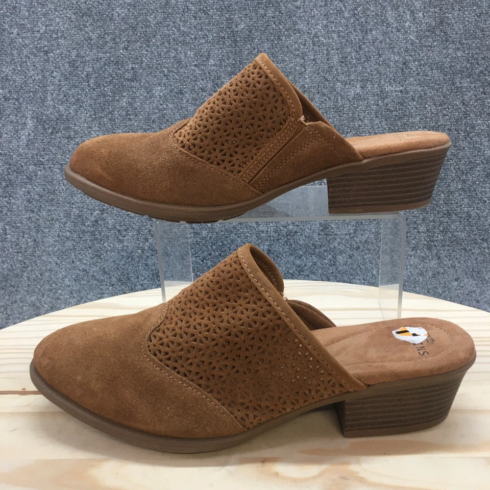 Sandalias Earth Origins para mujer 11 M Celina sin cordones zuecos de mula marrón gamuza tacón Foto 2 de 4