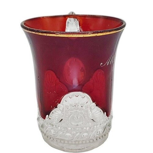 Antique Ruby Cranberry Flash Glass Souvenir Mug Clear EAPG Base Clear Handle - Picture 2 of 5