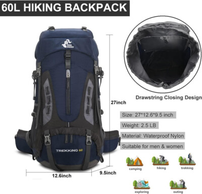 60L Hiking Camping Backpack Men Women Waterproof Mountaineering with Rain  Cover | eBay