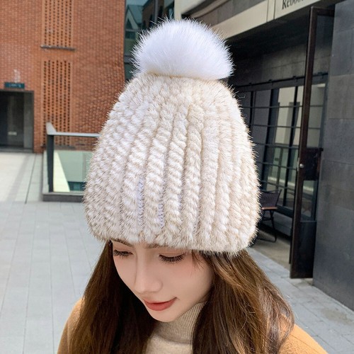 Womens Warm Real Mink Fur Hat Knitted Beanie Cap Skullies W Real Fox Fur Ball - Picture 4 of 37