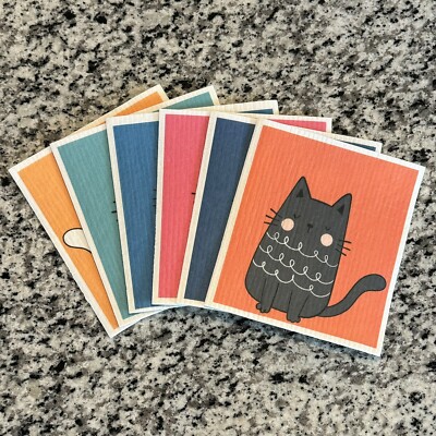 Swedish Dish Cloth 6-Pack with Cartoon Cat Designs