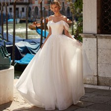 V-Neck A-Line Wedding Dress Off The Shoulder Lace Up Modern Backless Bride Gown