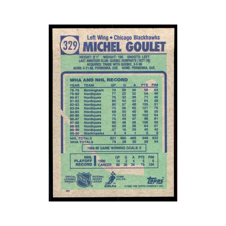 1990 Topps Hockey Card Michel Goulet #329 - Image 2 of 3