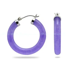 Fashion Natural 30mm Lavender Purple Jade 925 Silver Hoop Dangle Earrings AAA