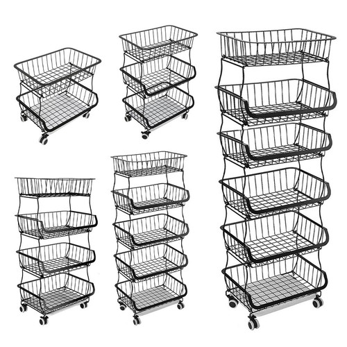 STORAGE STACKING WIRE BASKET STACKABLE SHELVES VEGETABLE FOOD KITCHEN RACK WHEEL - Picture 7 of 43