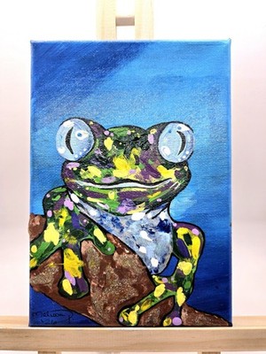 Frog Painting 5x7 Original Acrylic Canvas Whimsical Amphibian OOAK Colorful Art