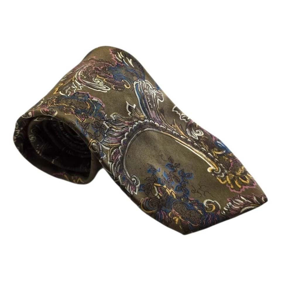 Corbata de seda italiana extra larga Pierre Balmain Paris verde oliva cachemira Foto 2 de 4