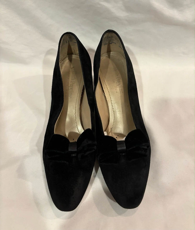 Tartas de comedor Hush Puppies de colección 7M tacones con moño de terciopelo raros púrpura a rayas rojas Foto 2 de 4