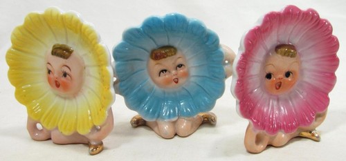 3 VTG Japan Anthropomorphic Flower Tea Bag Holder Figurines Yellow Pink Blue - Picture 11 of 13