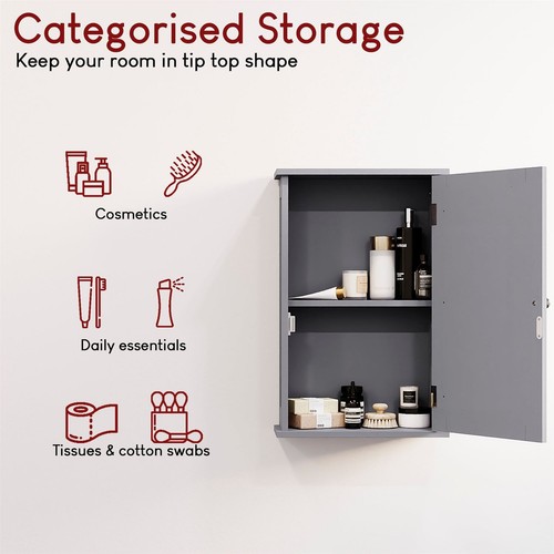 Priano Wall Cabinet Bathroom Kitchen White 1 Door Storage Mounted Unit Grey - Picture 6 of 9