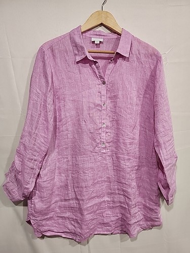 J. Jill Love Leinen Tunika Bluse Damen L, Langarm Flieder Kragen 100% Leinen