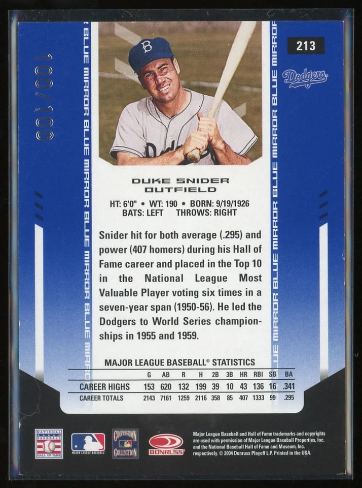 Duke Snider 2004 Donruss Leaf certificado refractor espejo azul radiocontrol automático 100/100 Foto 2 de 2