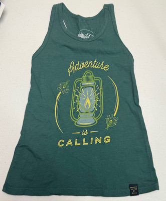 United By Blue Women's Organic Tank Top Adventure is Calling XXS Green Outdoors