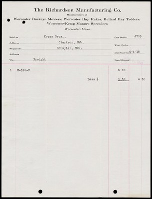 1915 Richardson Mfg Co Worcester MA Farm Machinery Mowers Rakes Invoice Billhead