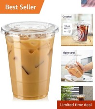 100 Pack 16 oz Clear Plastic Cups with Flat Lids, Disposable Iced Coffee Cups...