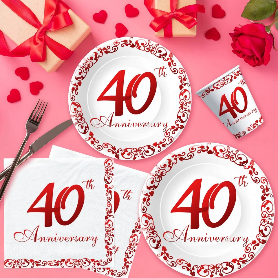 Platos y tazas 40 aniversario suministros de fiesta - rubí 40 aniversario boda... Foto 3 de 4