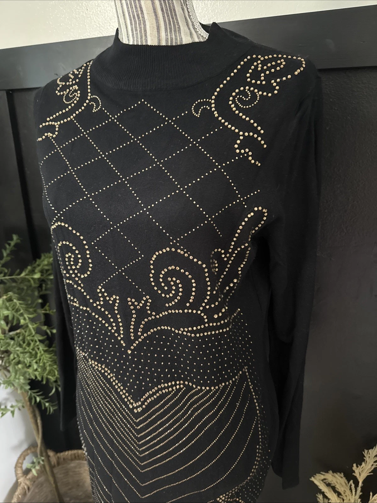 VETEMENTS Abito donna Say What elegante XL nero elasticizzato midi manica lunga strass