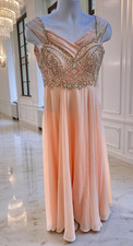 Sherri Hill Peach Beaded Formal Prom Dress Sz 8 Rhinestone Chiffon Double Strap