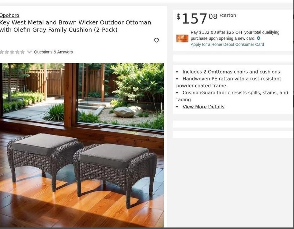 Opohoro Key West Metal and Brown Wicker Outdoor Ottoman with Olefin Gray Family - Image 2 of 4